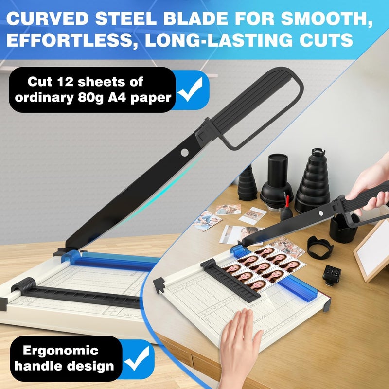 Qcdou Guillotine Paper Cutter A4, Paper Cutting Board, Heavy Duty Paper Trimmer with Safety Guard, 12 Sheets Capacity, Paper Guillotine for Cardstock, Photos, Scrapbooking, Office, Classroom, Studio - Image 3